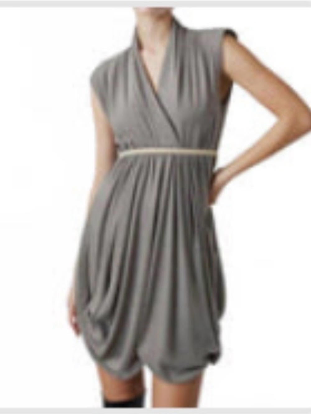 Sleeveless Grey Dress with Draped Bubble Skirt and belt